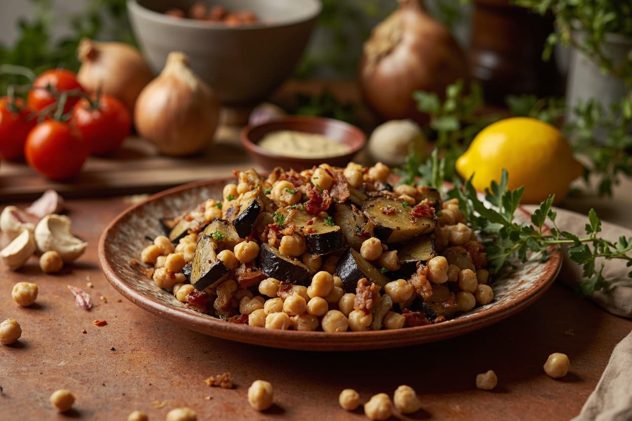 Roasted Eggplant and Chickpeas with Tahini