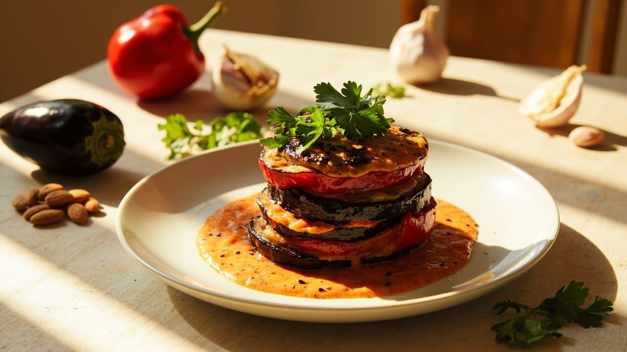 Roasted Pepper and Eggplant Stack with Almond Romesco