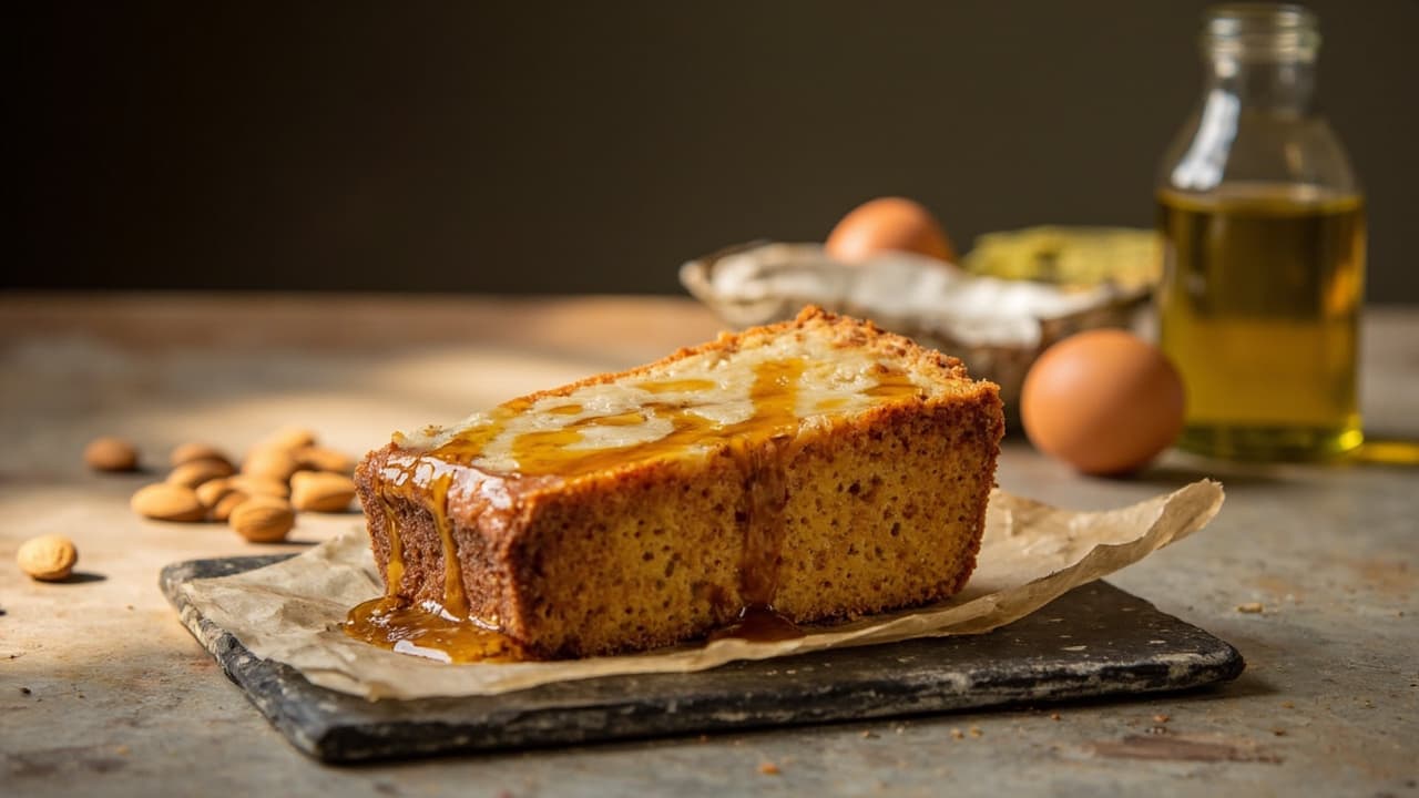 Rustic Olive Oil and Honey Almond Cake with Paprika Glaze