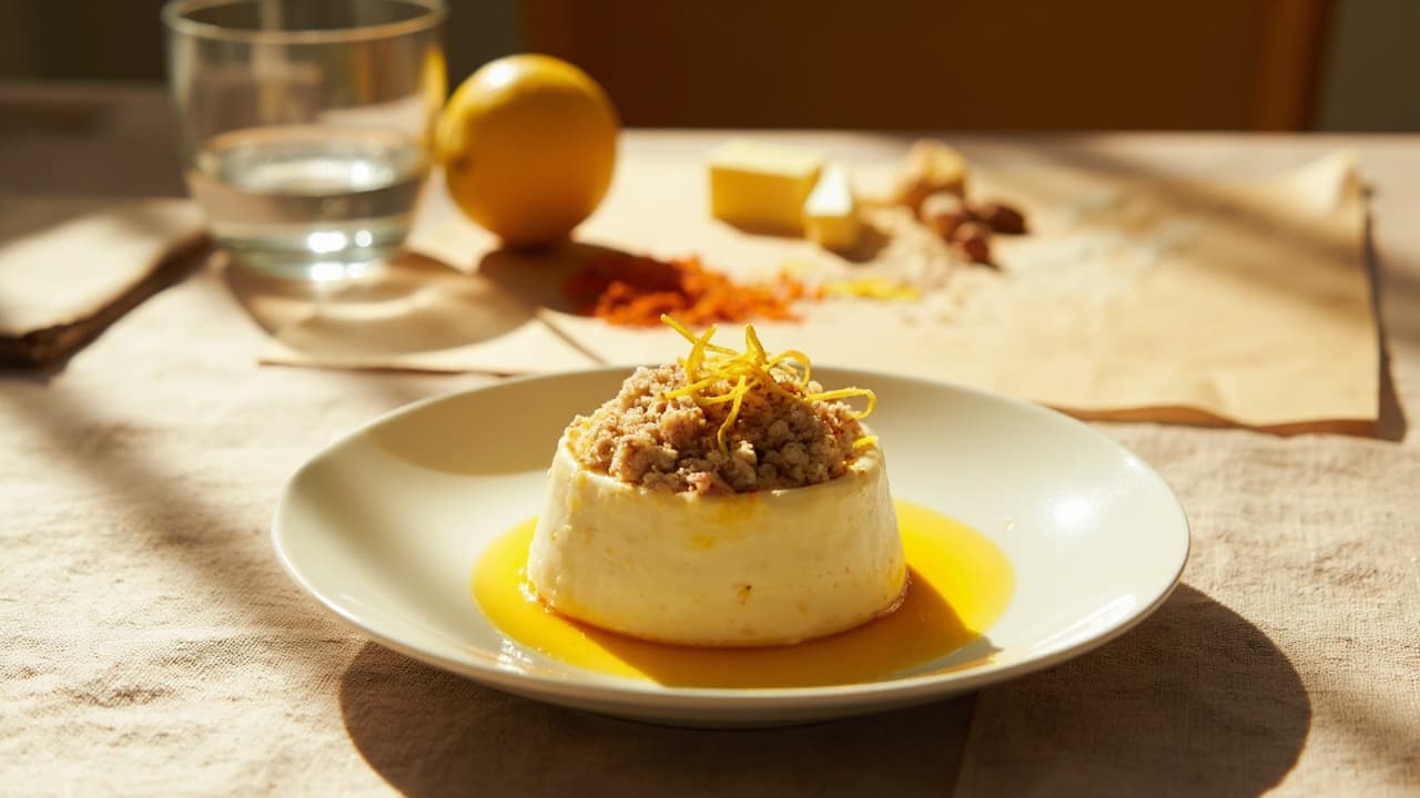 Saffron and Lemon Panna Cotta with Almond Crumble