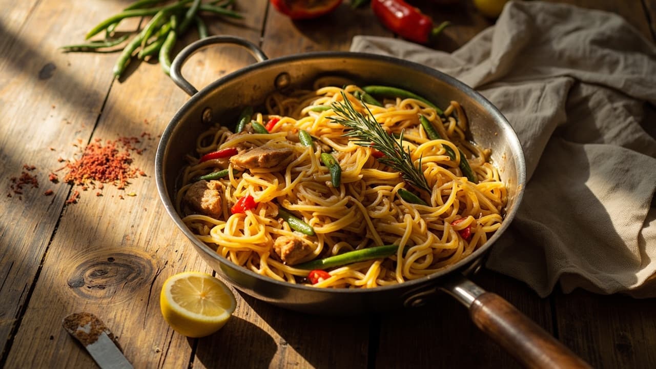 Saffron Fideuà with Chicken, Green Beans and Bell Pepper