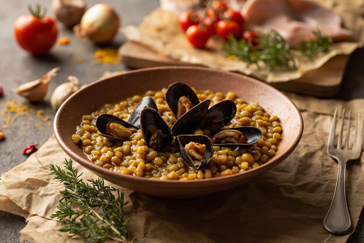 Saffron Lentils Braised with Mussels