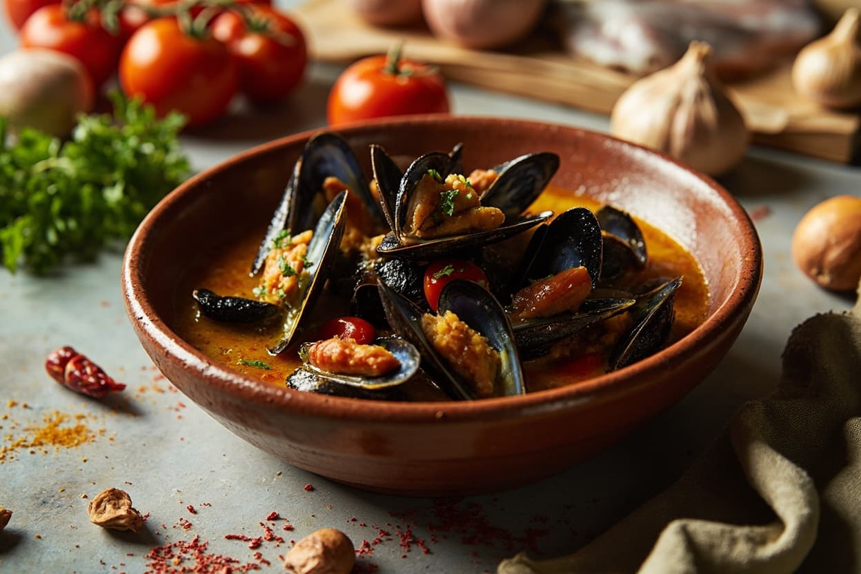 Saffron Mussels in Garlic-Tomato Broth