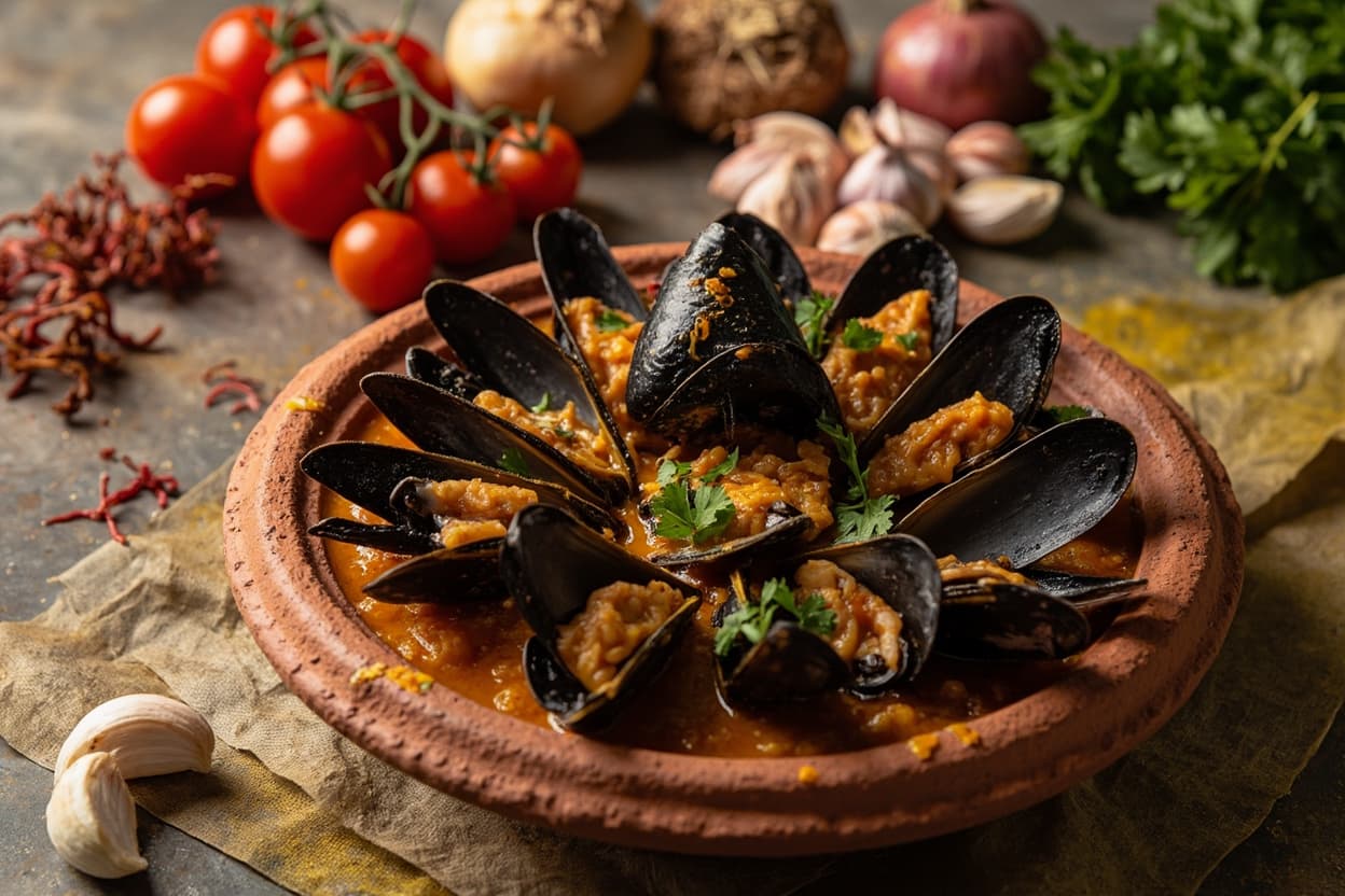 Saffron Mussels with Tomato and Cilantro