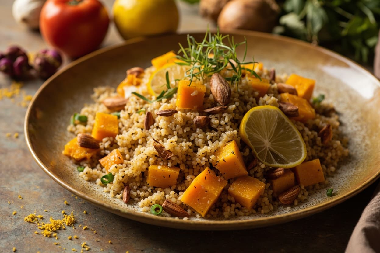 Saffron Quinoa with Roasted Squash and Almonds