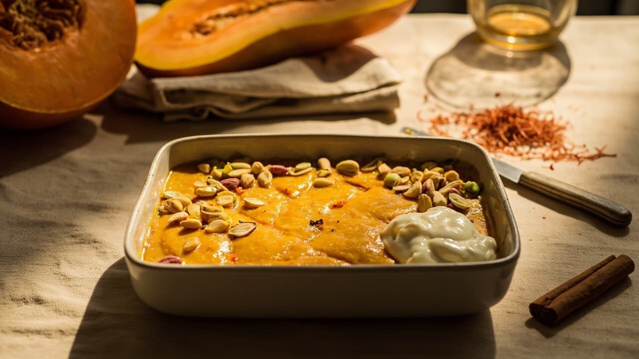 Saffron Roasted Pumpkin Halva with Pistachios