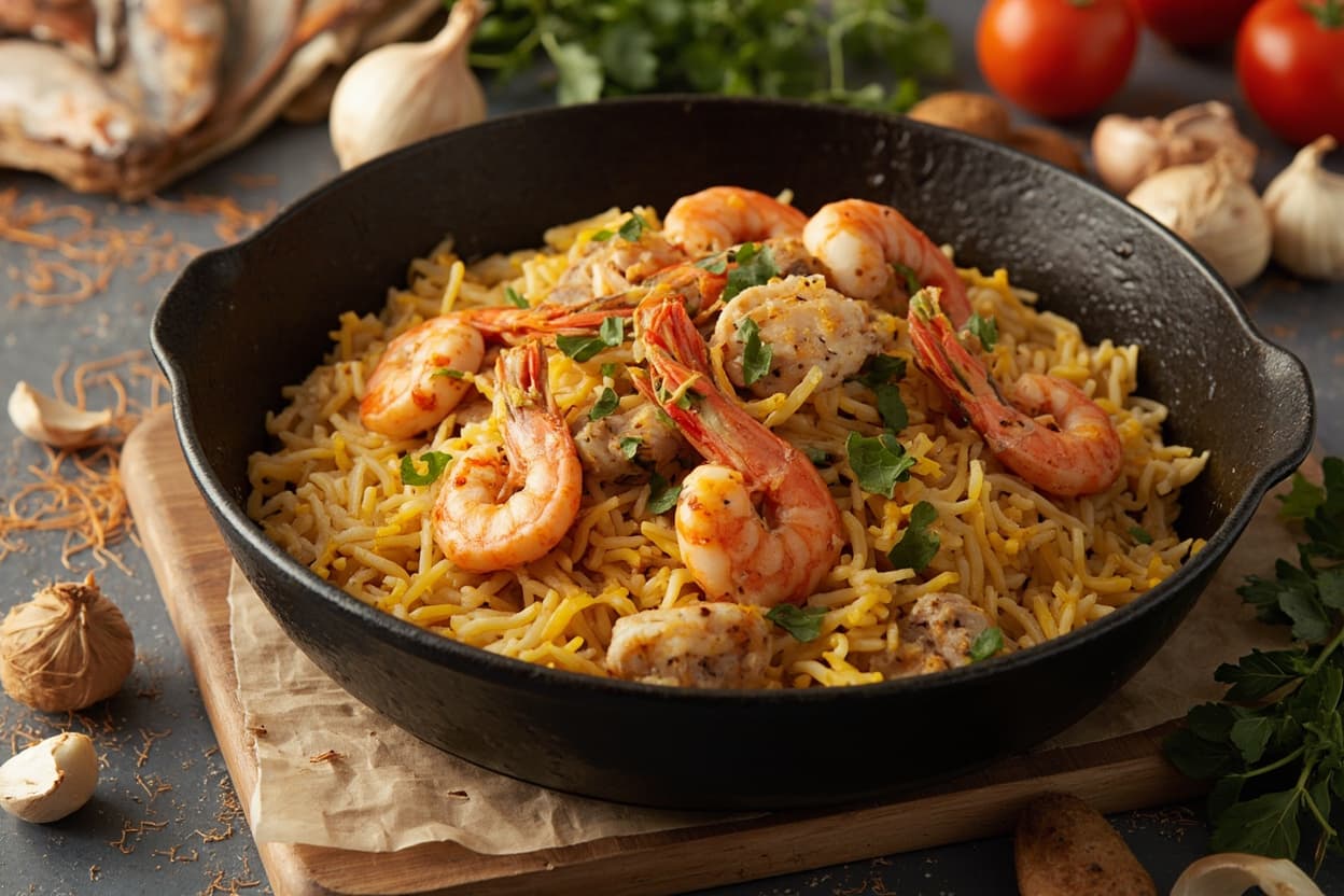 Saffron Seafood Rice, Shrimp and Clams