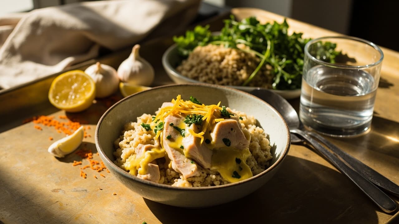 Saffron Yogurt Poached Chicken Over Quinoa