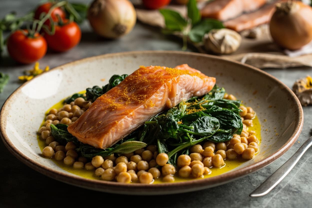 Salmon over Saffron Chickpeas and Spinach