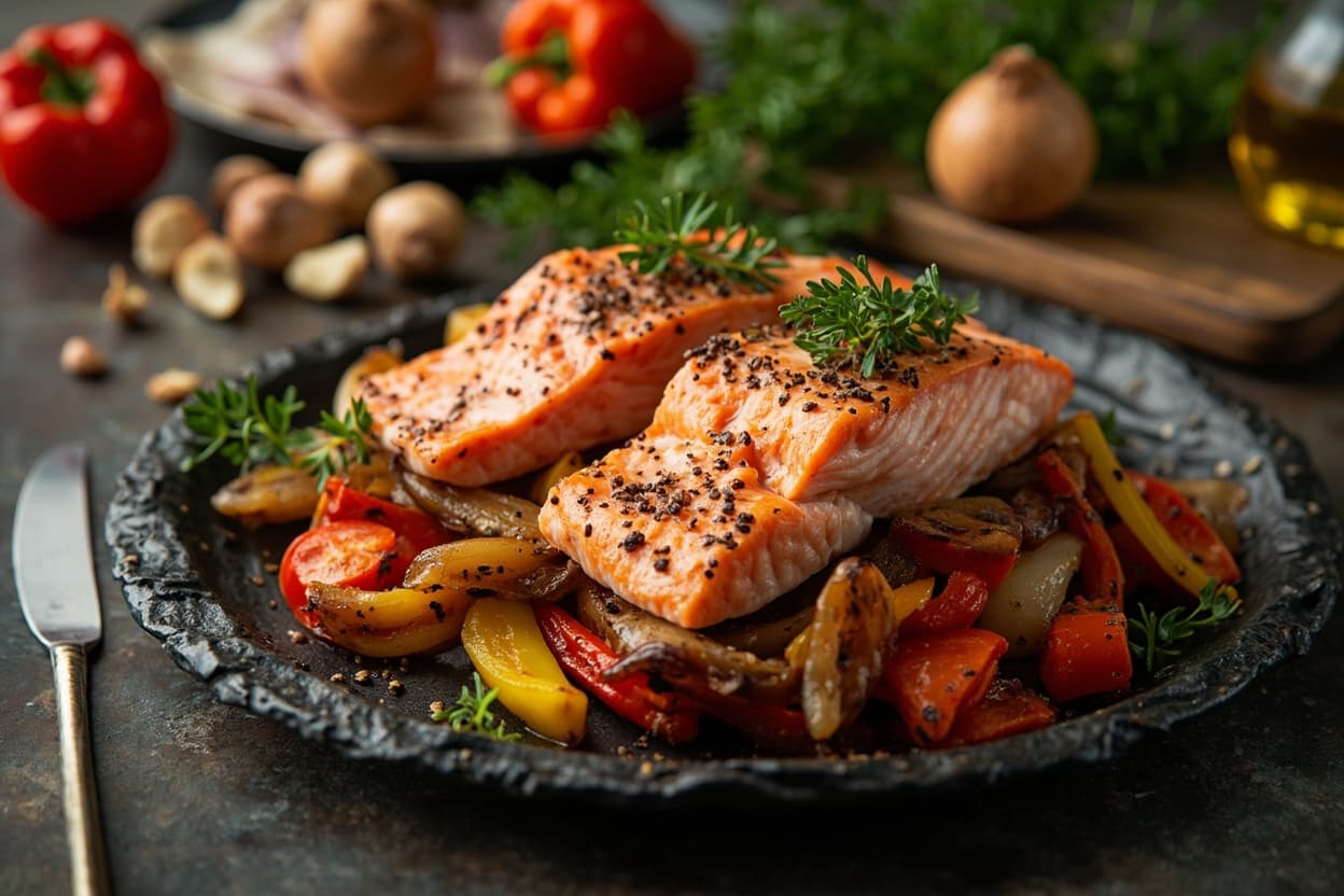 Salmon Traybake over Sweet Peppers and Onion