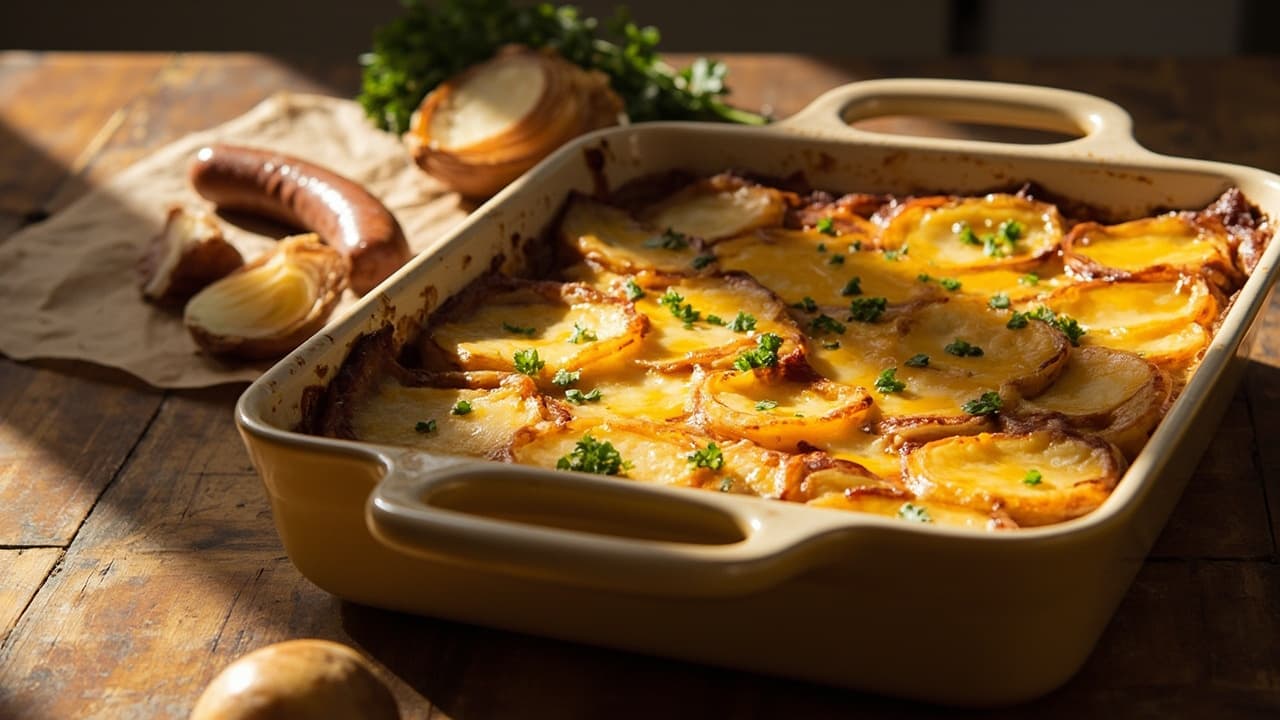 Sausage and Potato Bake with Mustard and Onions