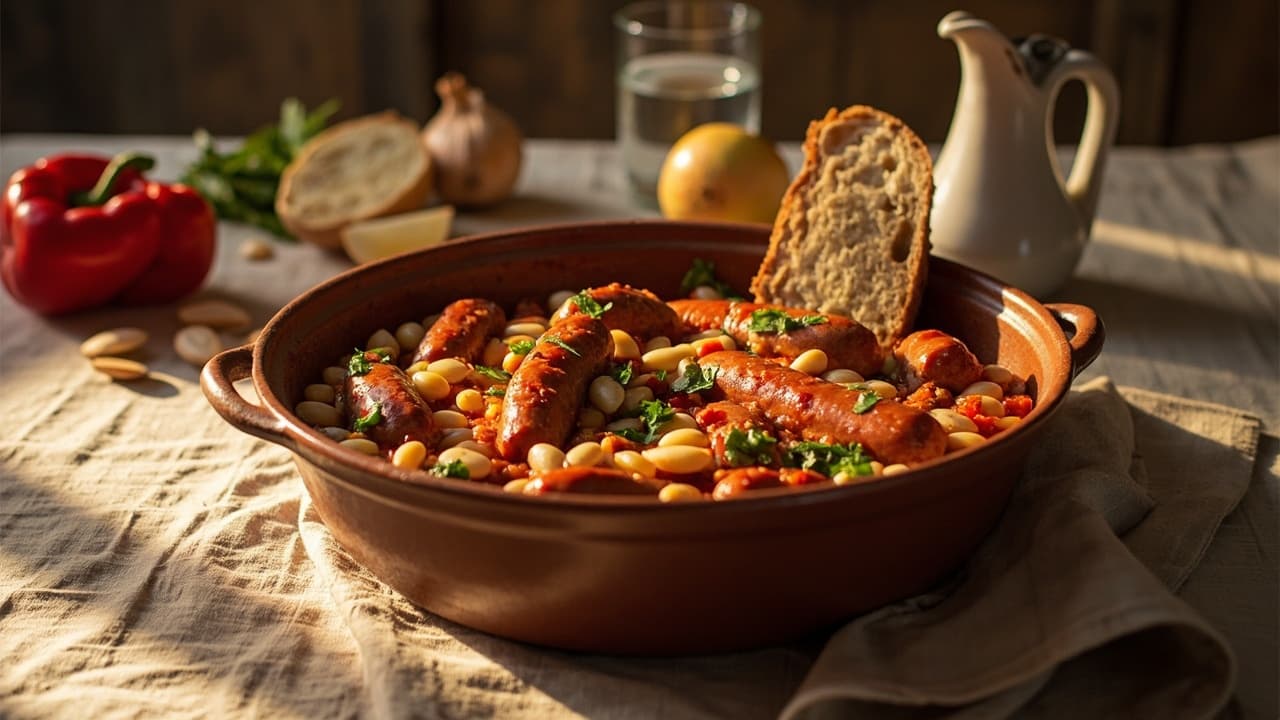 Sausage and White Bean Bake with Romesco