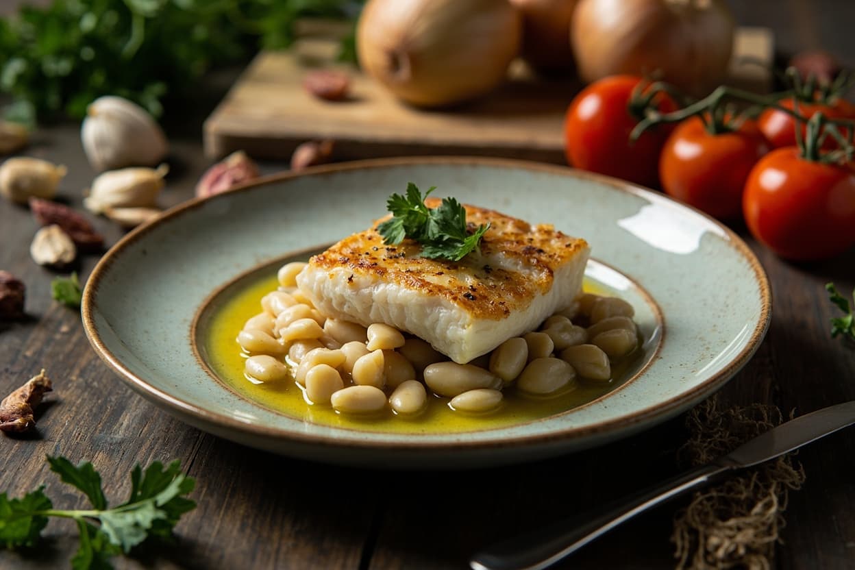 Seared Cod over Garlicky White Beans