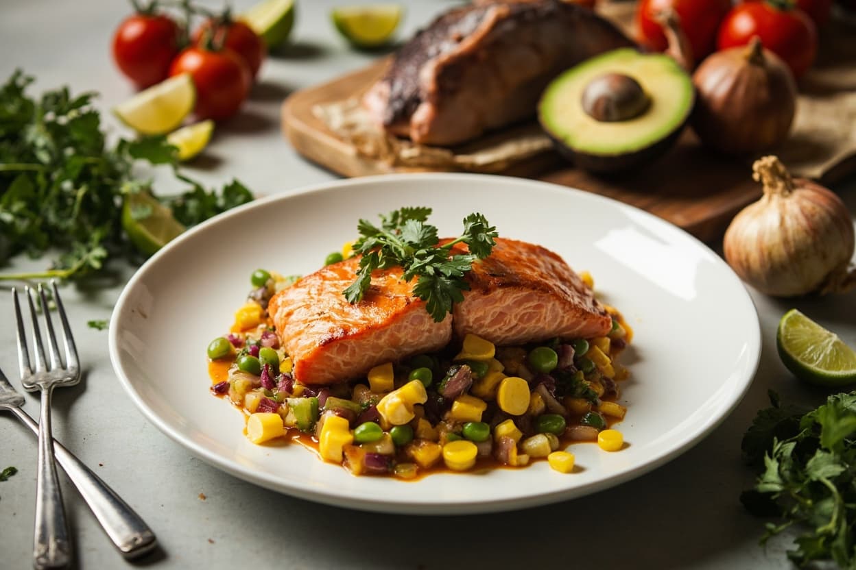 Seared Salmon over Charred Corn Salsa