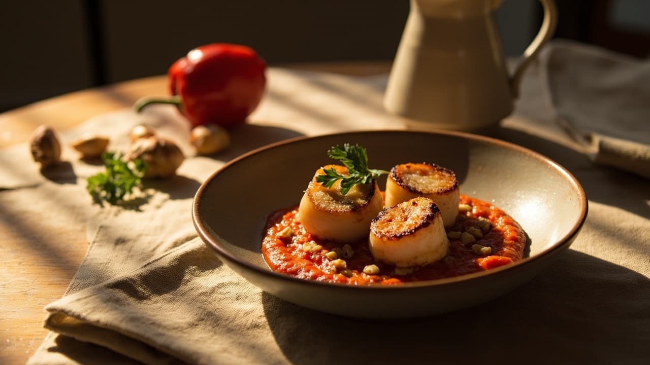 Seared Scallop on Roasted Pepper Purée with Hazelnut Picada