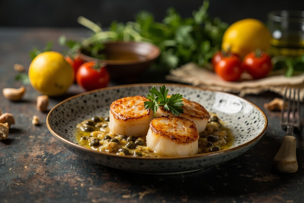 Seared Scallops, Lemon and Capers
