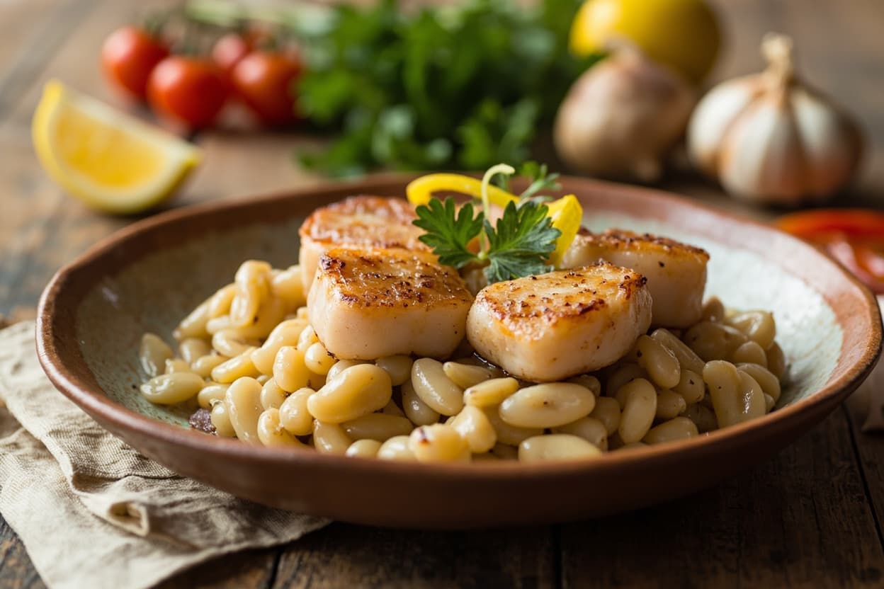 Seared Scallops over Lemon White Beans