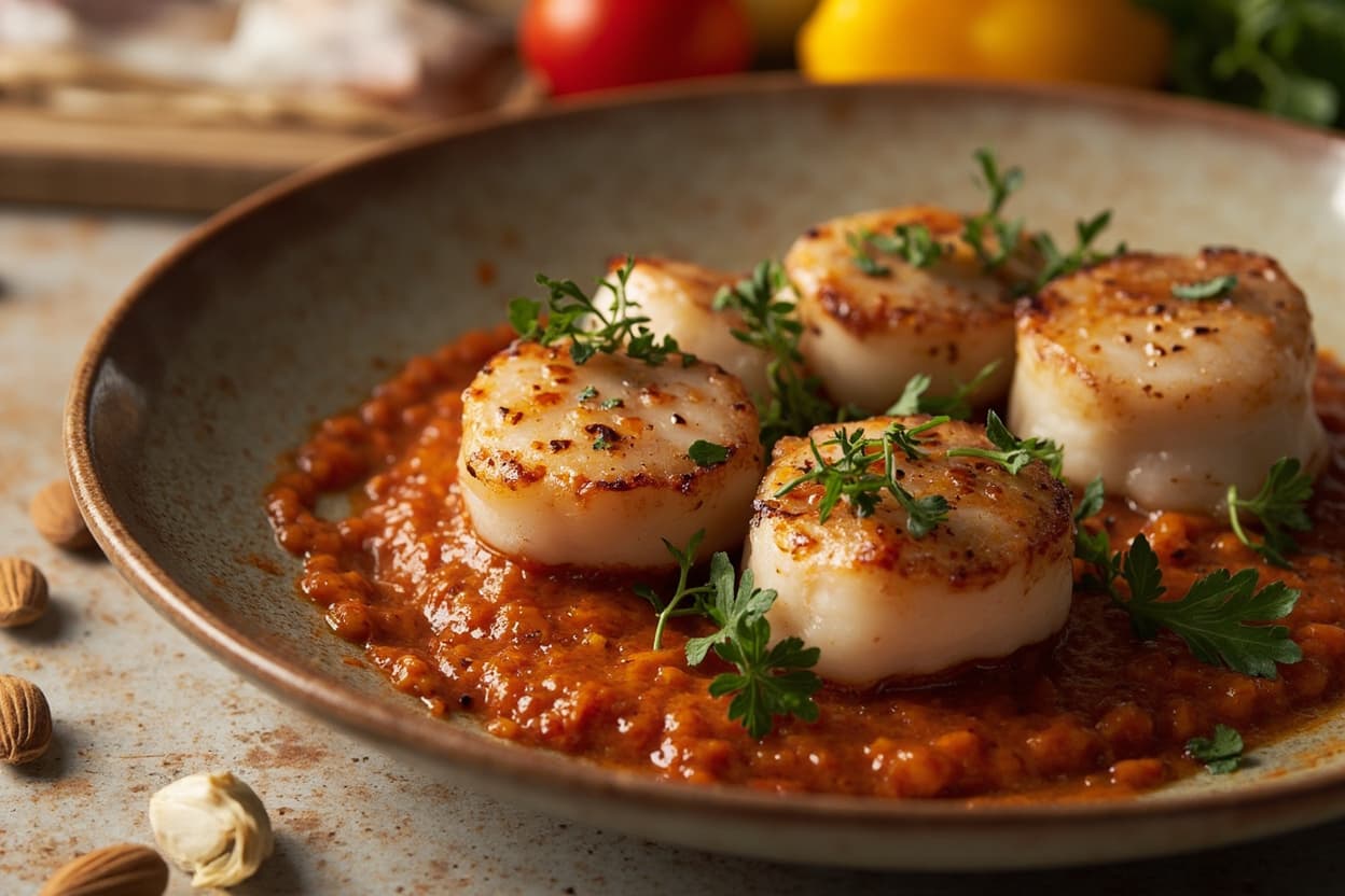 Seared Scallops over Romesco
