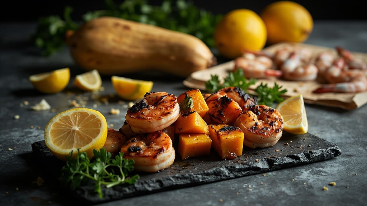 Seared Shrimp & Butternut Squash with Charred Lemon