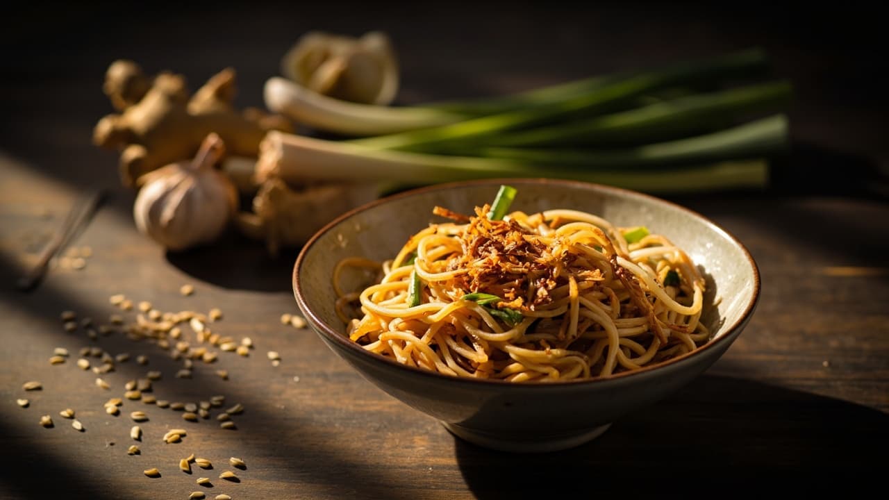 Sesame Ginger Noodles with Crispy Shallots