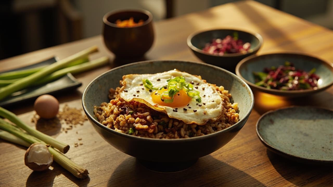 Sesame Scallion Brown Rice Bowl with Crispy Egg