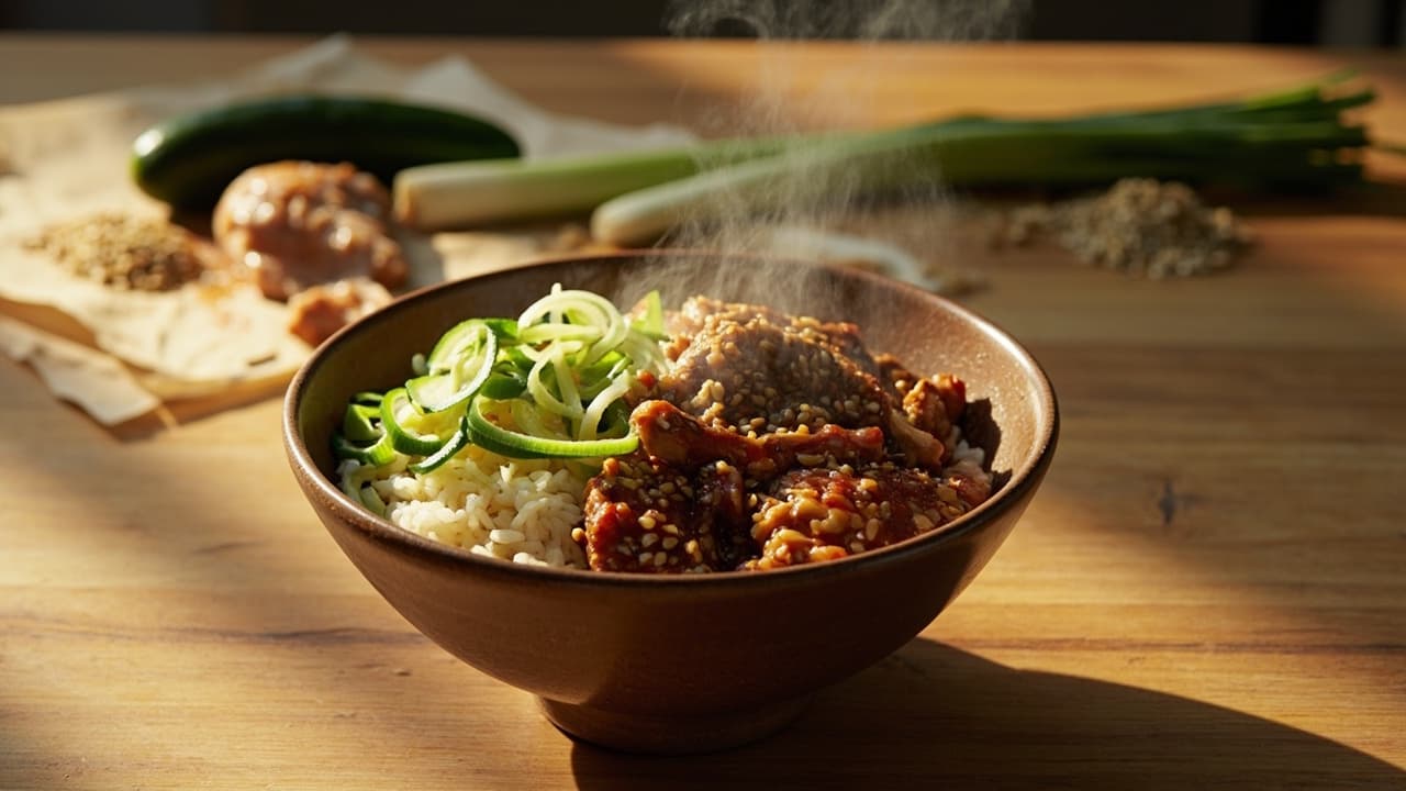 Sesame Soy Chicken Thigh Bowl with Quick Pickled Cucumber