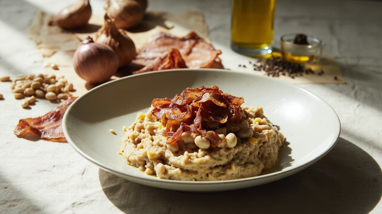 Shallot and White Bean Mash with Crispy Bacon