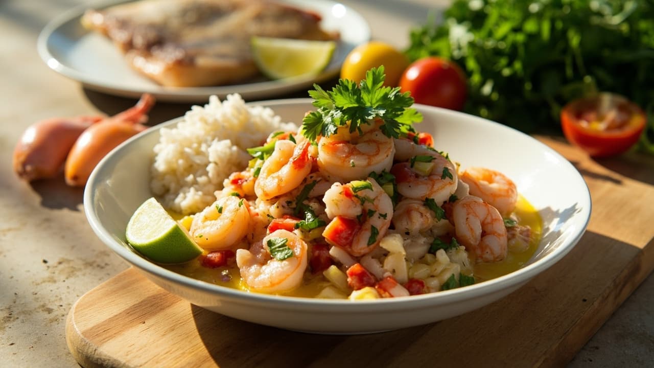 Shrimp and Cod Ceviche with Yellow Onion and Cilantro