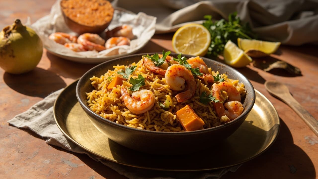 Shrimp and Sweet Potato Jollof Skillet