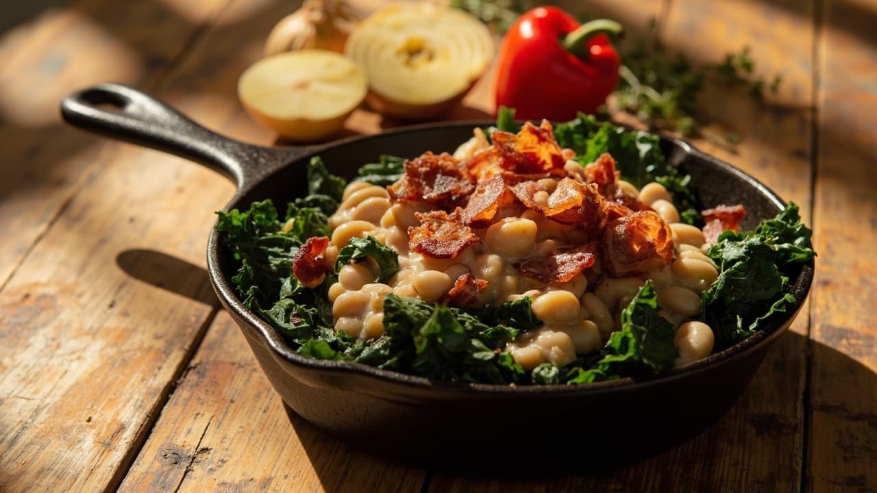 Skillet White Beans and Greens with Bacon
