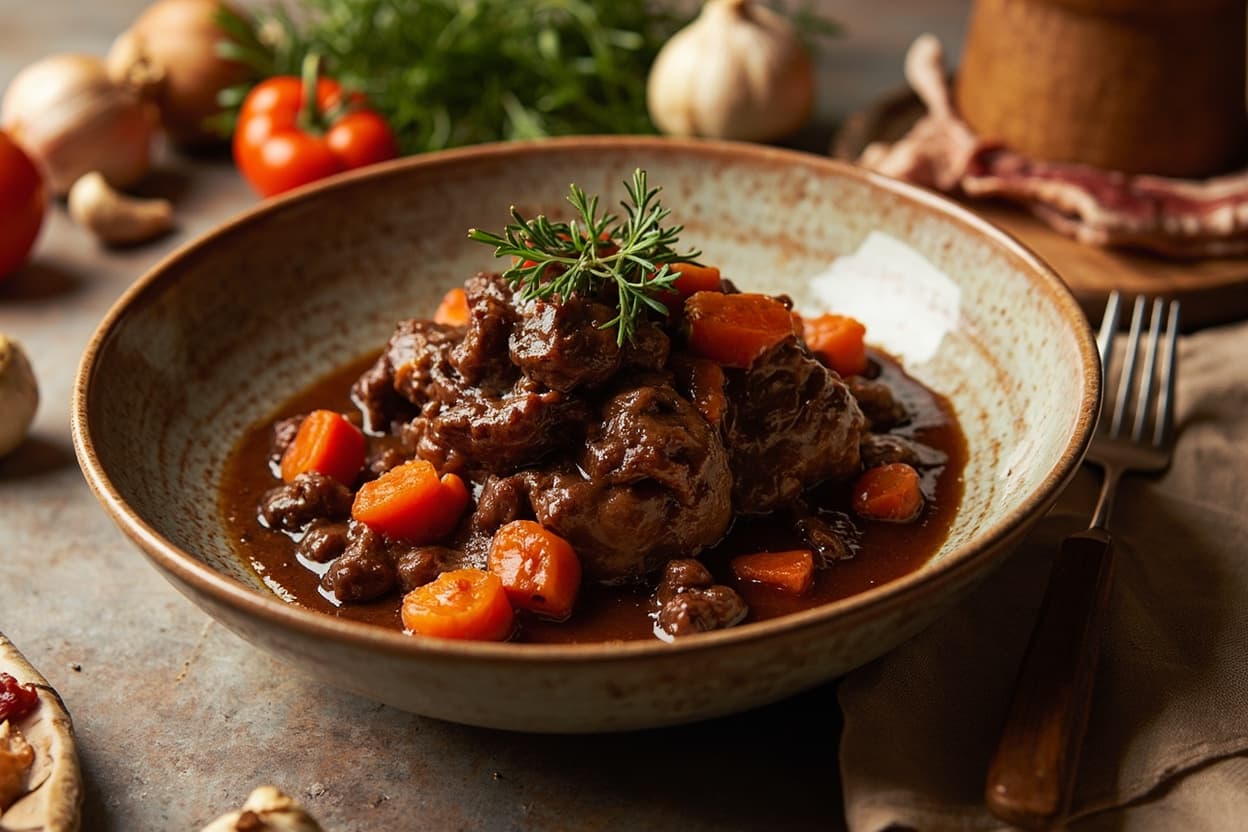 Slow Beef Bourguignon with Glazed Carrots
