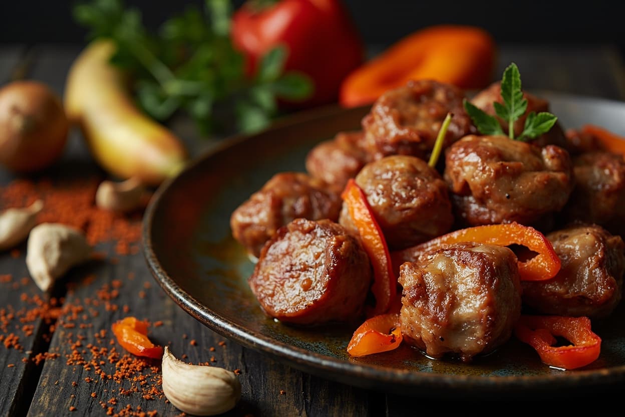 Smoked Paprika Pork Belly Bites, Roasted Peppers