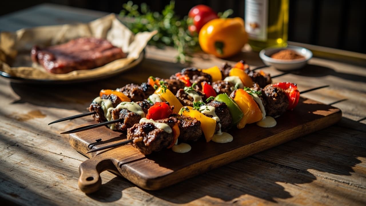 Smoky Beef Steak Skewers with Charred Bell Pepper and Lemon-Herb Sauce