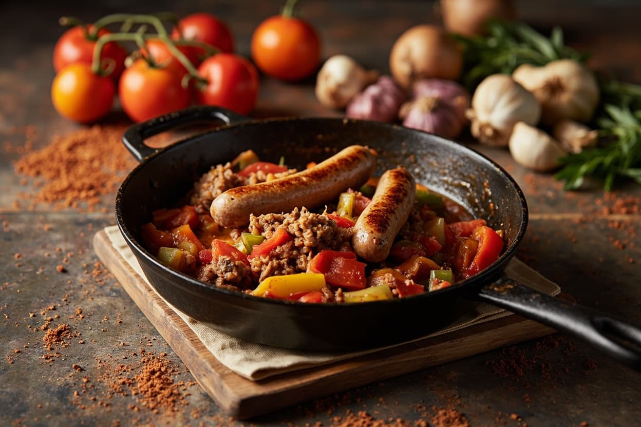 Smoky Cumin Sausage Skillet with Tomato
