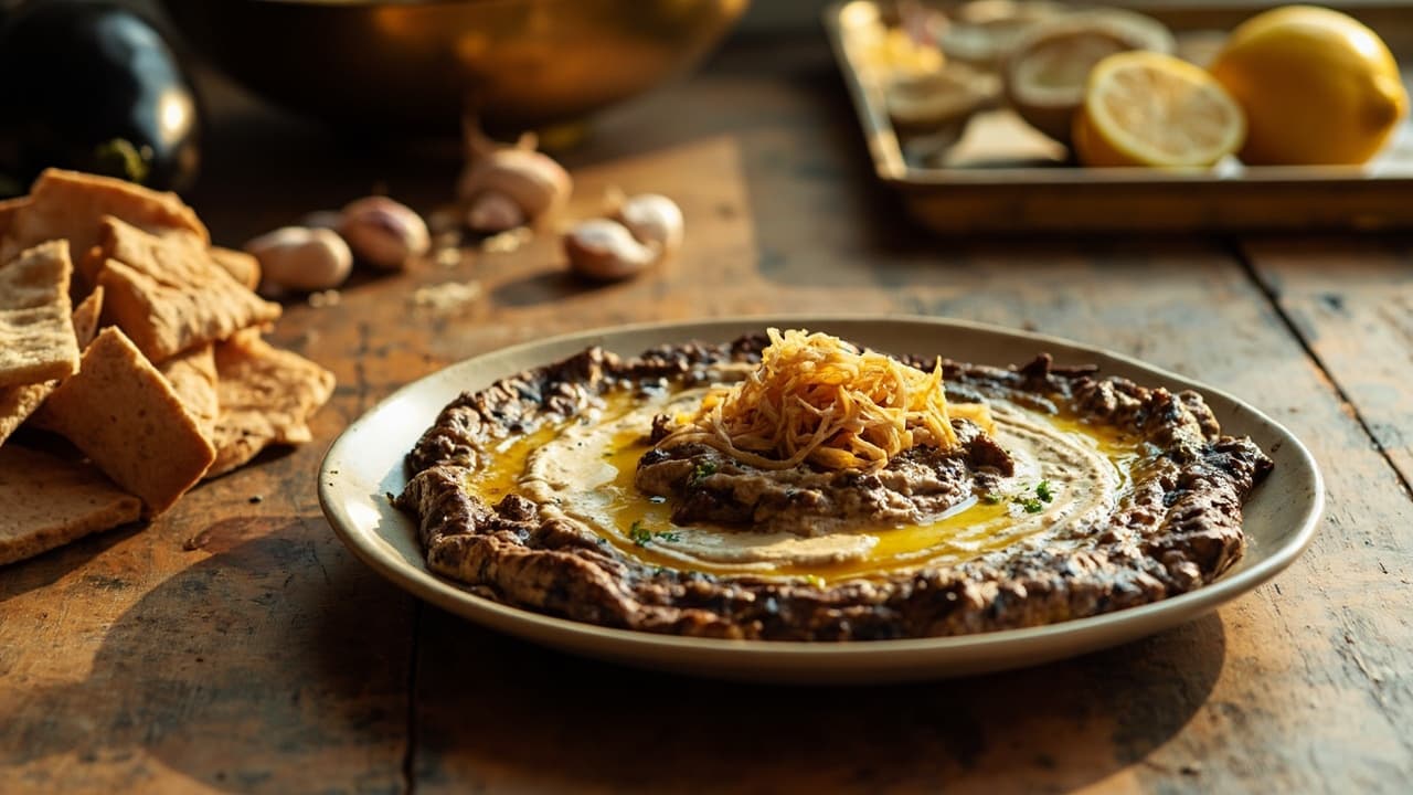 Smoky Eggplant and Tahini Dip with Crispy Shallots