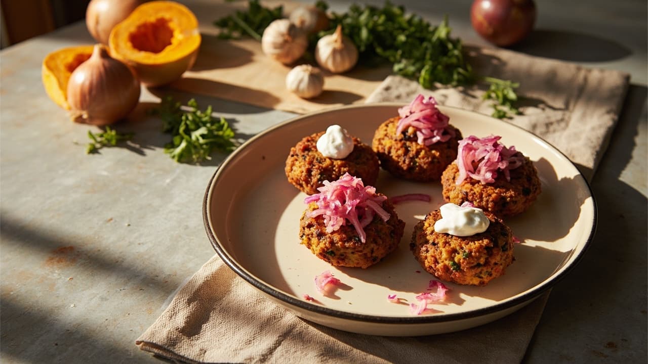 Smoky Pinto Bean and Butternut Squash Croquettes with Pickled Red Onion