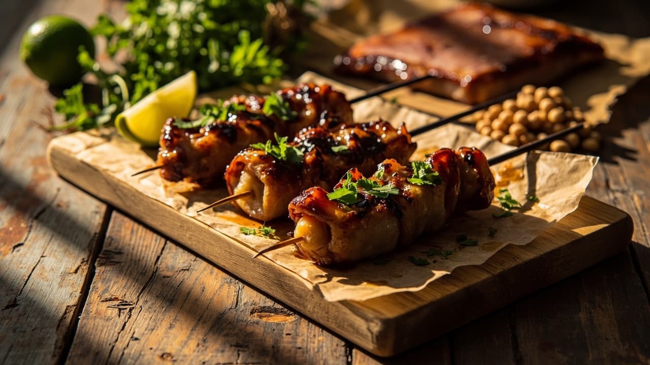 Smoky Pinto Bean and Pork Belly Skewer Bites with Lime Soy Glaze