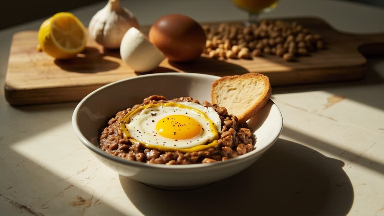 Smoky Pinto Bean Dip with Soft-Poached Egg and Sharp Mustard