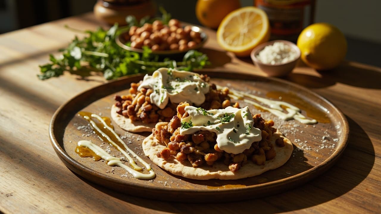 Smoky Pinto Bean Flatbreads with Herb-Yogurt and Tahini Drizzle