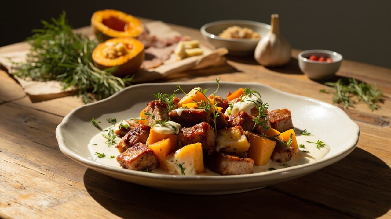 Smoky Pork Belly and Butternut Squash Bites with Yogurt and Dill