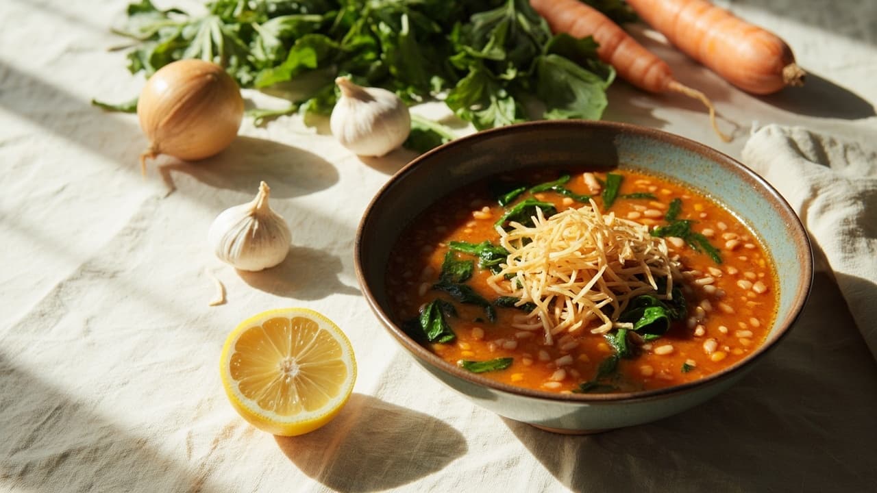 Smoky Red Lentil and Spinach Soup with Crispy Shallots