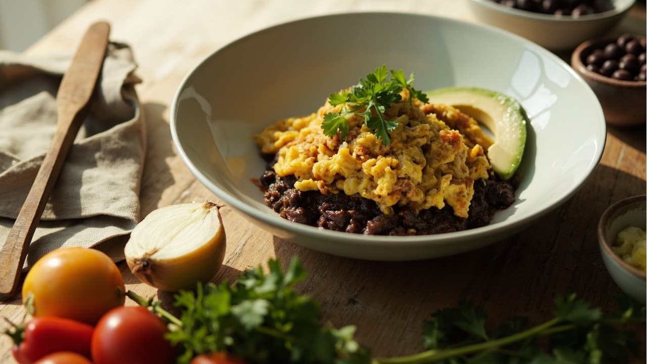 Sofrito Scrambled Eggs with Black Beans