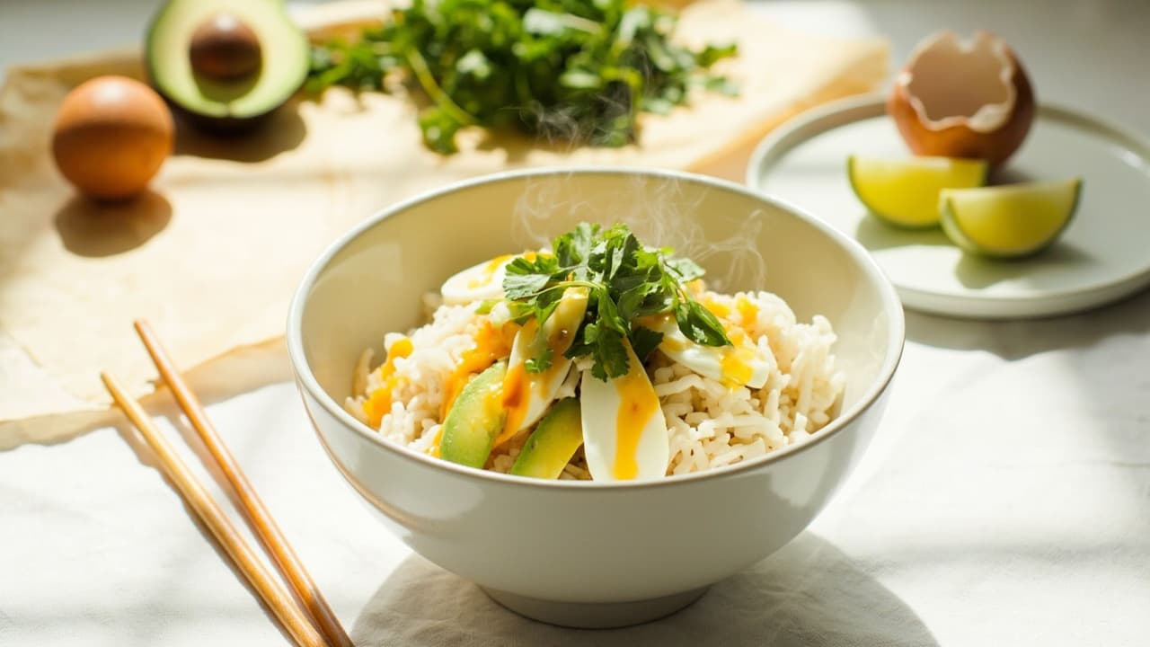 Soft‑Boiled Egg and Avocado Rice Bowl with Herb Lime Drizzle