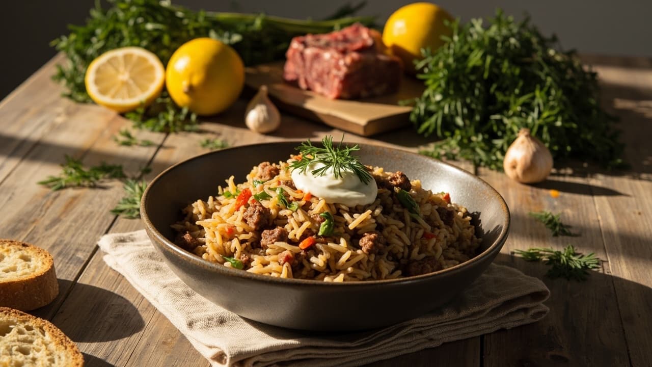 Sour Lemon and Dill Rice with Ground Beef and Parsley