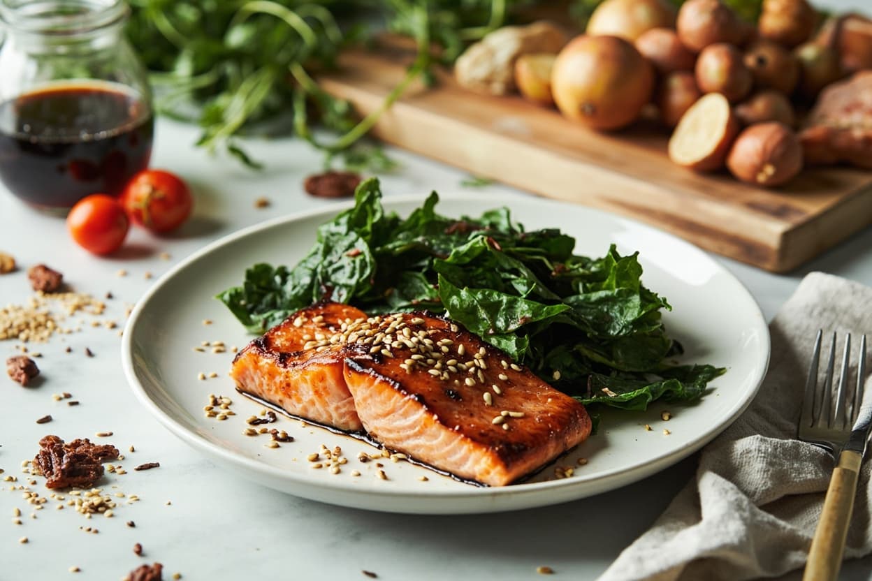 Soy-Glazed Salmon with Sesame Spinach