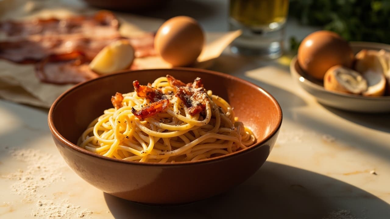 Spaghetti alla Carbonara with Hand-Crisped Bacon and Fresh Egg