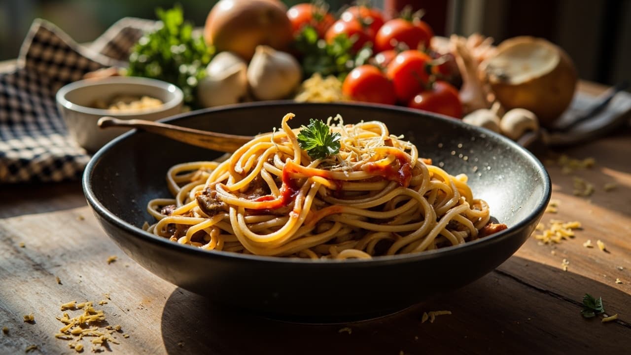 Spaghetti with Tomato-Mushroom Butter and a Secret Ketchup Glaze