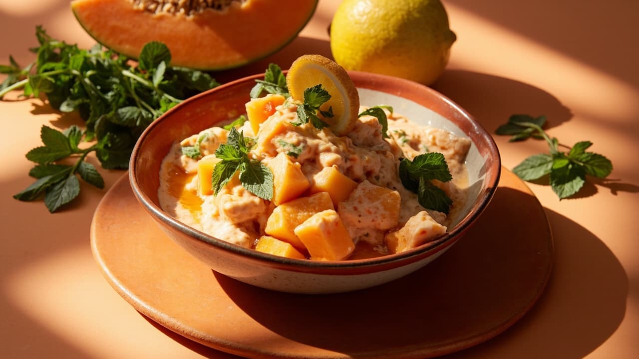 Spiced Cantaloupe & Mint Salad with Chili Yogurt Swirl