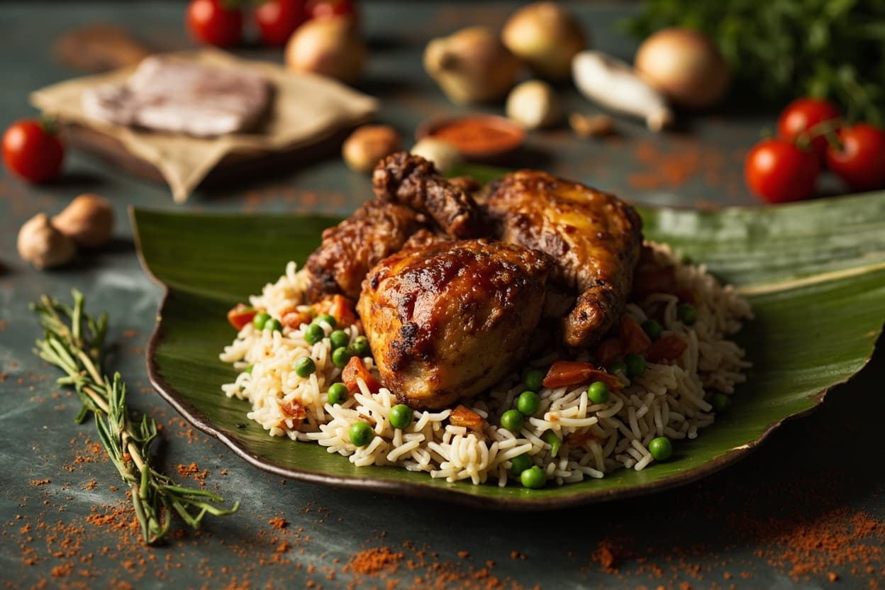 Spiced Chicken Thighs with Rice and Peas