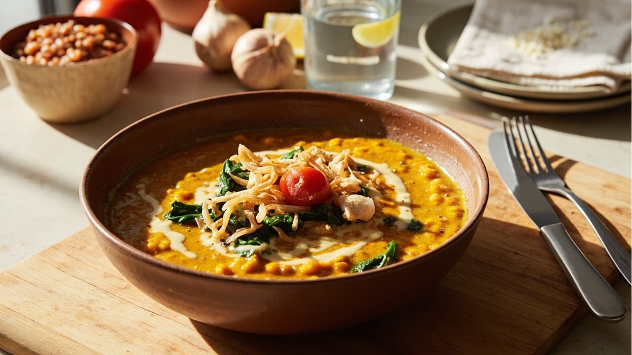 Spiced Red Lentil Dal with Crispy Shallots and Tahini
